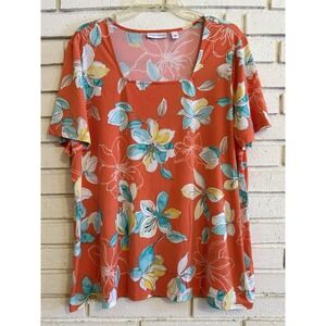 Susan‎ Graver Womens XL Orange Floral-print Square Neck Blouse Liquid Knit Top